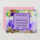 Violette Blumen neue Adresse Postkarte, wir bewege Postkarte (Vorne/Hinten)