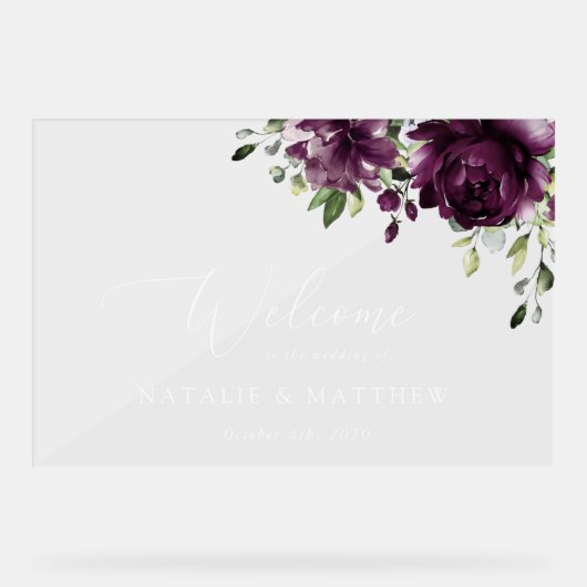 Violette Blumen, Pflaumenblumen, Blume, Begrüßung Acrylschild (Vorderseite)