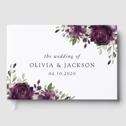 Violette Blumen, Pflaumenblumen, Boho, Blumenzehen Gästebuch (Vorderseite)