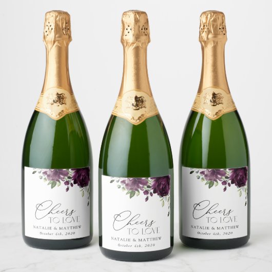 Violette Blumen, Pflaumenblumen, Boho, Blumenzehen Schaumweinetikett (Flaschen)