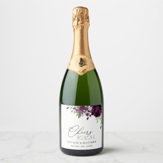 Violette Blumen, Pflaumenblumen, Boho, Blumenzehen Schaumweinetikett (Vorderseite)