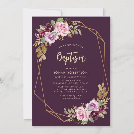 violette Blumen Rahmen Taufe Einladung (Vorderseite)