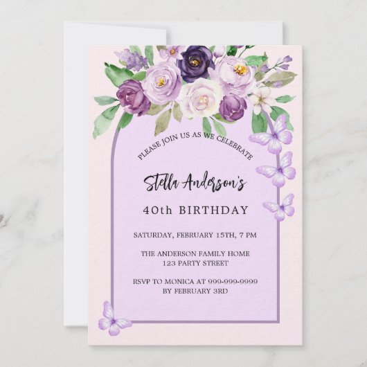 Violette Blumen Schmetterlinge Arch Luxus Geburtst Einladung (Vorderseite)