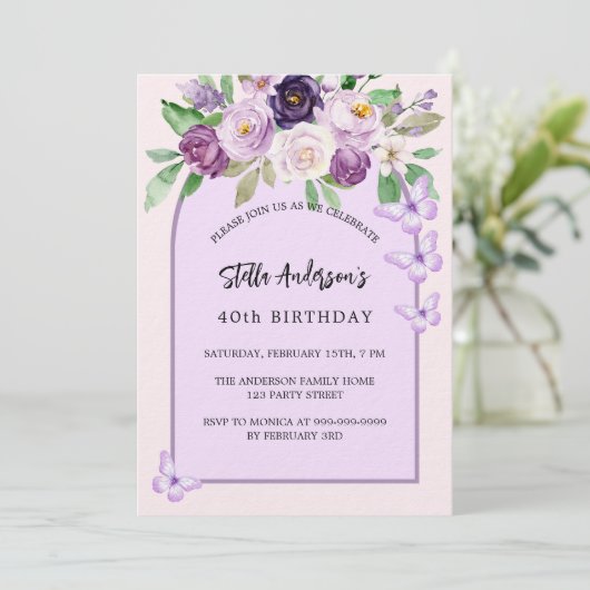 Violette Blumen Schmetterlinge Arch Luxus Geburtst Einladung (Stehend Vorderseite)