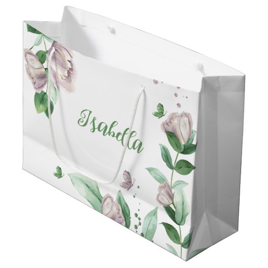 violette Blumen, Schmetterlinge Große Geschenktüte (Vorderseite Schrägansicht)