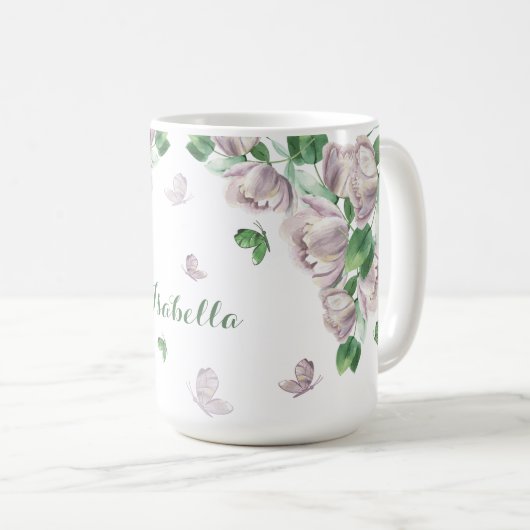 violette Blumen, Schmetterlinge Kaffeetasse (VorderseiteRechts)