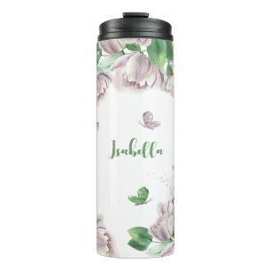 violette Blumen, Schmetterlinge Thermosbecher