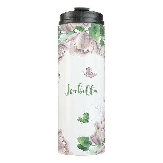 violette Blumen, Schmetterlinge Thermosbecher (Vorderseite)