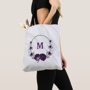 violette Blumen silberne Blätter Marmortüte Tasche