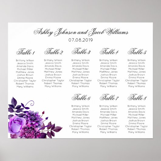 Violette Blumen Sitzkarte drucken. Blumenhochzeit Poster (Vorne)
