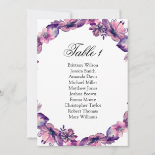 Violette Blumen Sitzkarte. Hochzeitstisch Einladung