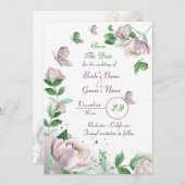 violette Blumen und Blätter, Schmetterlinge Save t Einladung (Vorne/Hinten)