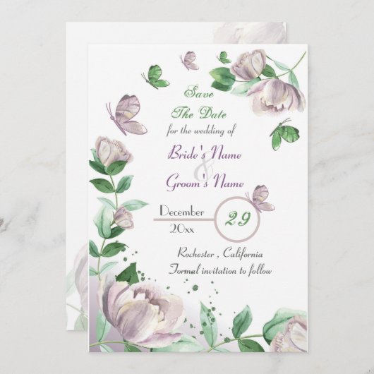 violette Blumen und Blätter, Schmetterlinge Save t Einladung (Vorne/Hinten)