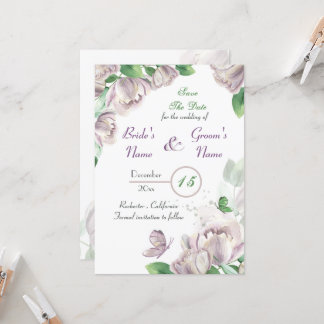 violette Blumen und Blätter, Schmetterlinge Save t Einladung