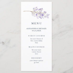 Violette Blumen und ein zweifarbiges Hochzeitmenü Menükarte