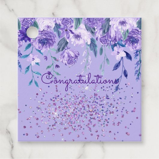 Violette Blumen und Glitzer Geschenkanhänger (Vorderseite)