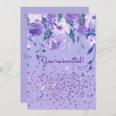 Violette Blumen und Glitzer Party Einladung (Vorne/Hinten)