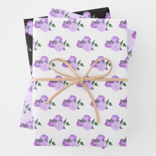 Violette Blumen und Grünmuster Geschenkpapier Set (Beispiel)