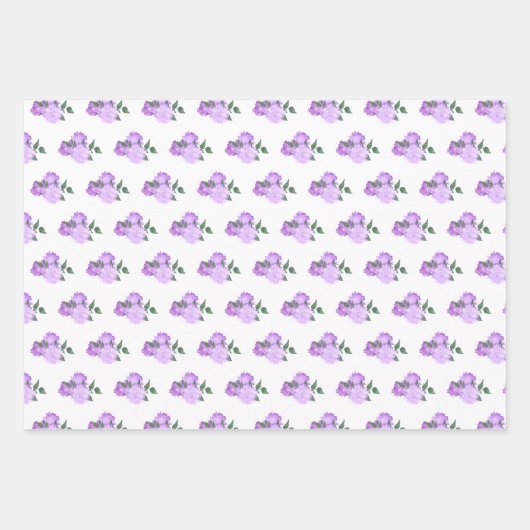Violette Blumen und Grünmuster Geschenkpapier Set (Vorderseite)