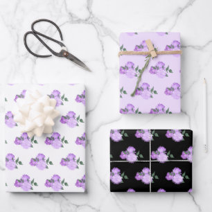 Violette Blumen und Grünmuster Geschenkpapier Set