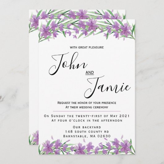 Violette Blumen und Grünpflanzen Einladung zur Hoc (Vorne/Hinten)