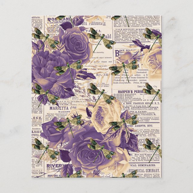 Violette Blumen und Libellen auf Zeitungspapier (Vorderseite)