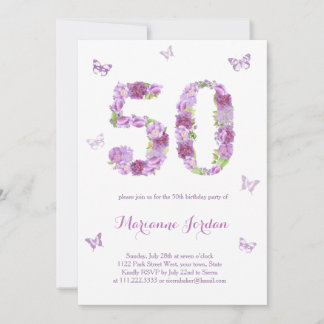 Violette Blumen und Schmetterlinge 50. Geburtstags Einladung