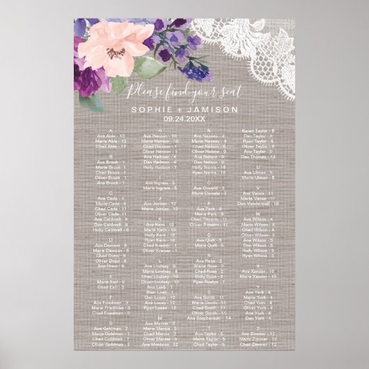 Violette Blumen und Spitzen-Alphabetisierungskarte Poster (Vorne)
