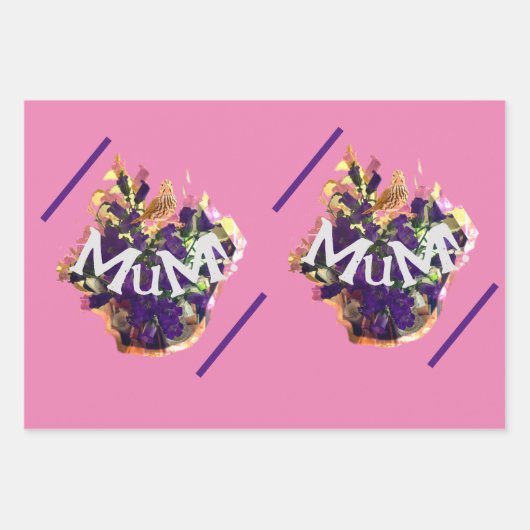 Violette Blumen und Vögel Geschenkpapier Set (Vorderseite 2)