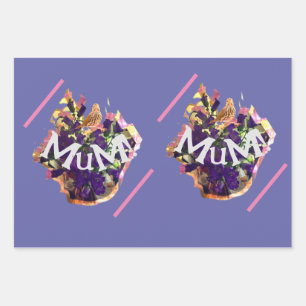 Violette Blumen und Vögel Geschenkpapier Set