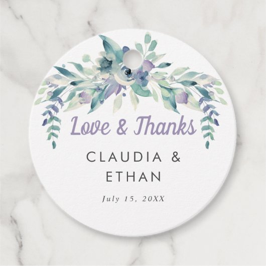 Violette Blumen Wasserfarbe Blau Grau Liebe & Dank Geschenkanhänger (Vorderseite)