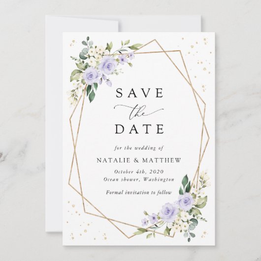 Violette Blumen, weiße Blume, Grünpflanzen, Hochze Save The Date (Vorderseite)