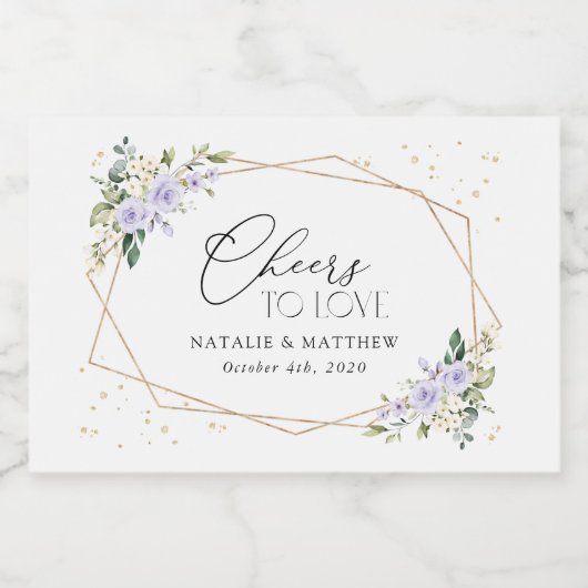 Violette Blumen, weiße Blume, Grünpflanzen, Hochze Schaumweinetikett (Einzelnes Label)