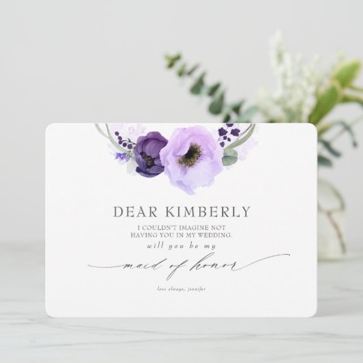 Violette Blumen werden meine Trauzeugin sein Einladung (Stehend Vorderseite)