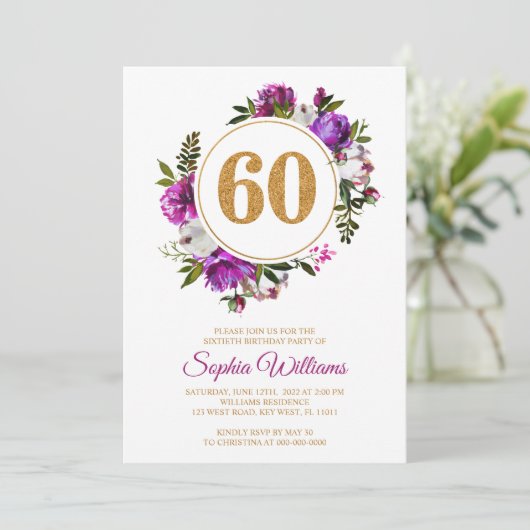 Violette Blumen Wreath 60. Geburtstag Einladung (Stehend Vorderseite)