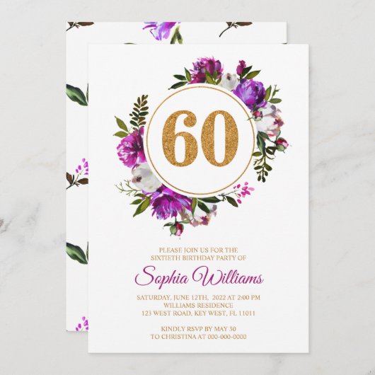 Violette Blumen Wreath 60. Geburtstag Einladung (Vorne/Hinten)