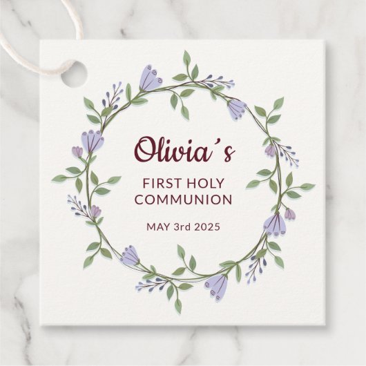 Violette Blumen Wreath Erste Kommune Geschenkanhänger (Vorderseite)