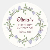 Violette Blumen Wreath Erste Kommune Runder Aufkleber (Vorderseite)