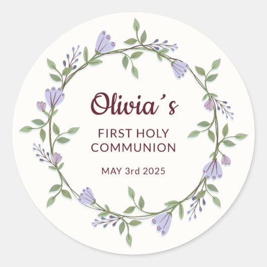 Violette Blumen Wreath Erste Kommune Runder Aufkleber (Vorderseite)