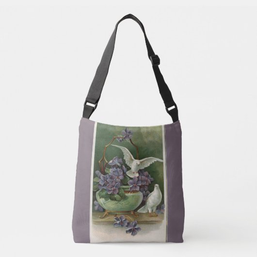 Violette Blüten und Tauben Crossbody Bag Tragetaschen Mit Langen Trägern (Vorderseite)
