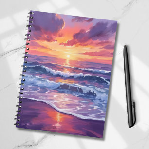 Violette Flut   Lila Sonnenuntergang Ozeanwellen G Notizblock