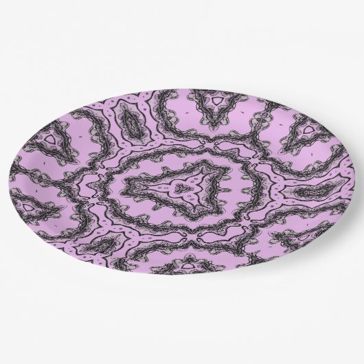 Violette Flutflutete Blume Kaleidoskop-Design Pappteller (Schrägansicht)