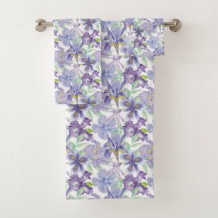 Violette gelbe Iris Blumen Blumen Wasserfarbe Badhandtuch Set
