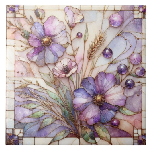 Violette Glasblumen Fliese (Vorderseite)