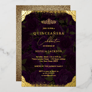 Violette Goldene Rosen-Tiara Quinceanera Folieneinladung