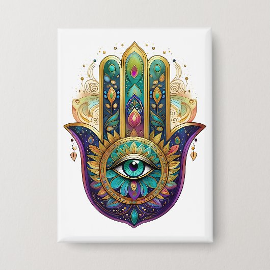 Violette Grüne Goldene Blütenblätter Hamsa Türkis  Button (Vorderseite)
