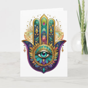 Violette Grüne Goldene Blütenblätter Hamsa Türkis Karte