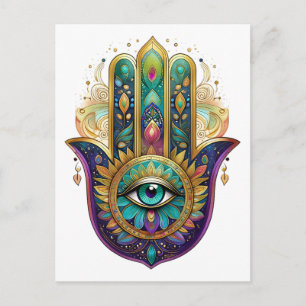 Violette Grüne Goldene Blütenblätter Hamsa Türkis Postkarte
