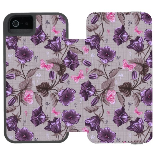 violette Handglocken und rosa Schmetterlingsmuster Incipio iPhone Geldbeutel-Hülle (Folio Geöffnet)