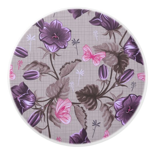 violette Handglocken und rosa Schmetterlingsmuster Keramikknauf (Vorderseite)